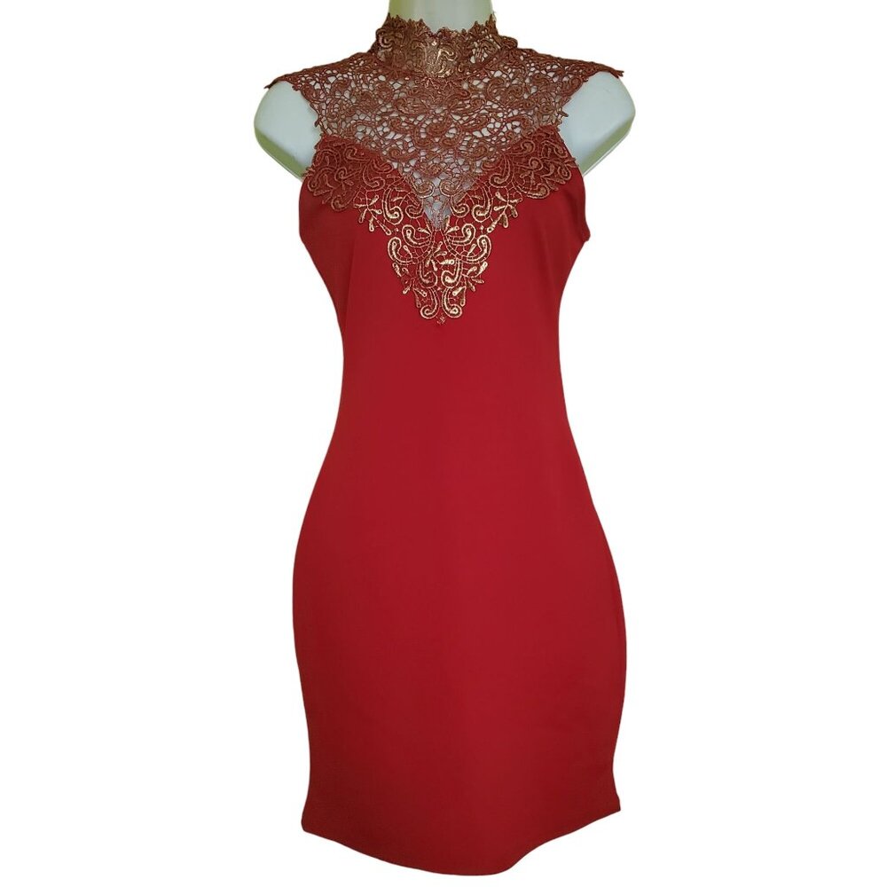 Fashion Magazine womens dress sizeโ small red color sleeveless illusion neck